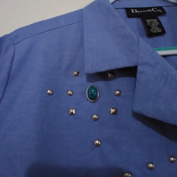 NWOT Denim & Co  Western Style Linen Blend Turquoise and Stud detail Shacket - Picture 4 of 9